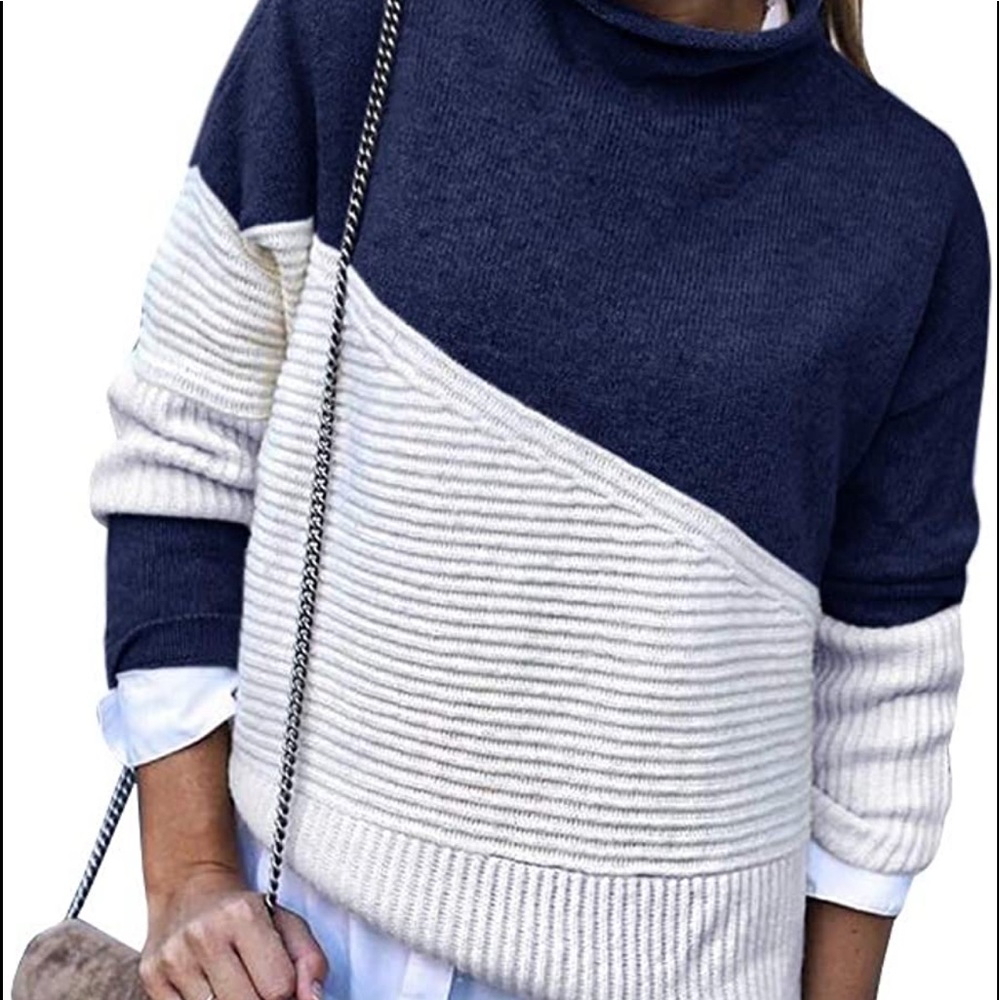 Amazon Navy and White Colorblock Turtleneck Sweater